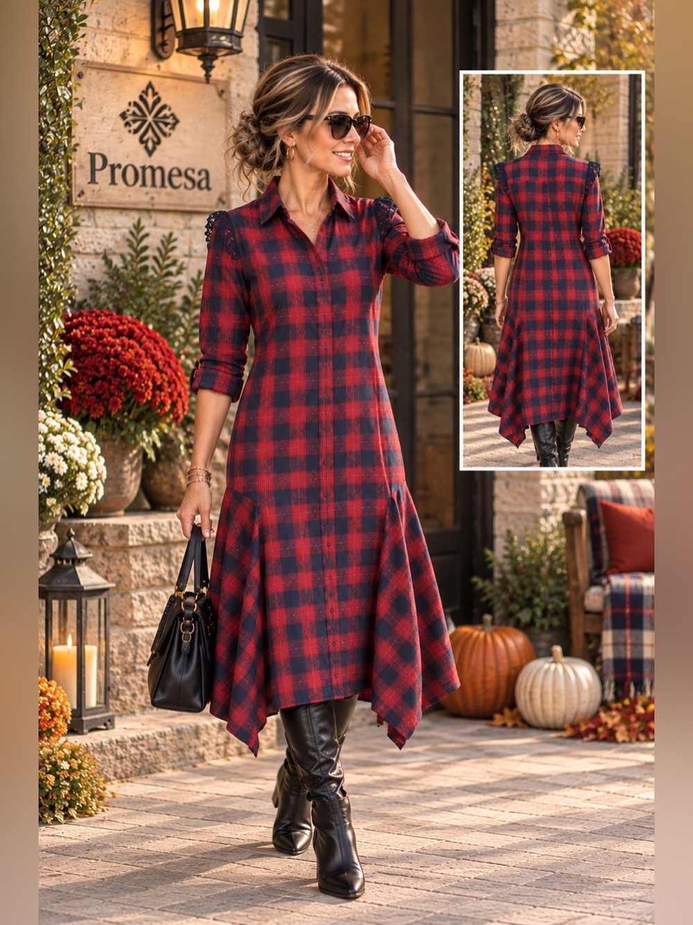 Promesa,Promenade,USA,Red Navy Plaid Cotton Button-Front Flare Midi Dress,Size L